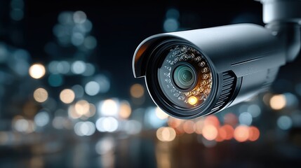 Security Camera Surveillance System with City Lights Bokeh Background