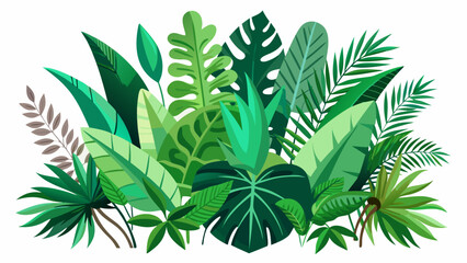 Obraz premium Vibrant tropical jungle foliage arrangement with diverse green leaves and palm fronds