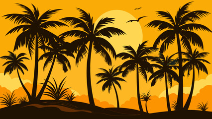 Silhouette of tropical palm trees against a vibrant orange sunset sky with a large sun and birds flying