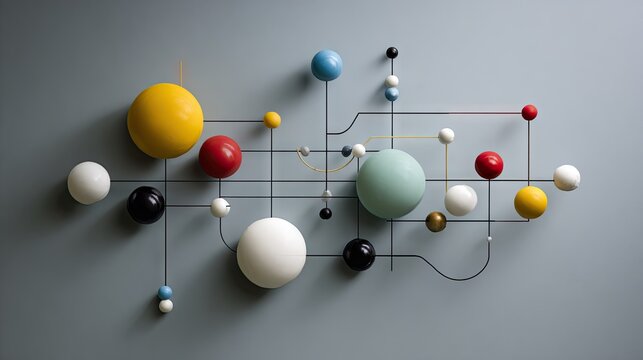 Colorful spheres connected by lines on a neutral background.