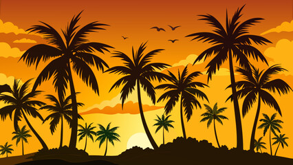 Obraz premium Silhouetted palm trees against a vibrant orange sunset sky with scattered clouds and flying birds