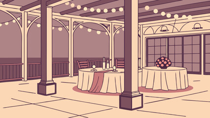 Romantic Dinner Setting Under Pergola with String Lights and Tables Decorated for a Special Occasion.