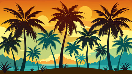 Vibrant sunset silhouettes of palm trees on a tropical island with calm water and distant hills