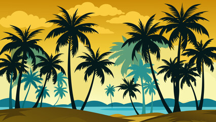 Vibrant tropical beach scene with silhouetted palm trees against a warm sunset sky and calm ocean waters