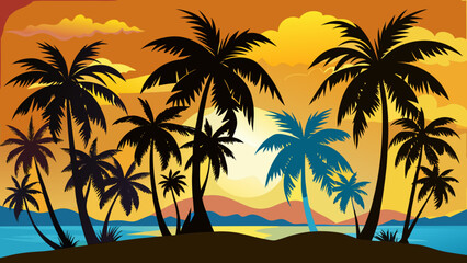 Obraz premium Vibrant tropical sunset silhouette with palm trees against a colorful sky and ocean