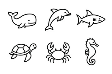 Obraz premium Set of cartoon sea animal illustrations: whale, dolphin, shark, turtle, crab, seahorse