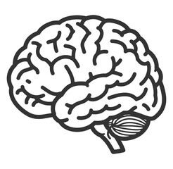 Simple black and white illustration of a human brain depicting cognitive functions and neural activity