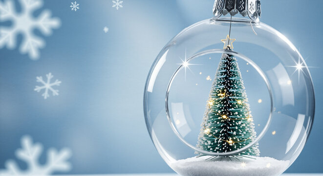 Christmas tree in glass snow globe with snowflakes on blue background  