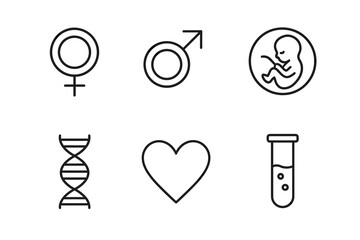Gender symbols, fetus, dna, heart, and test tube icons set