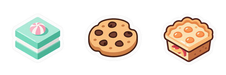 A charming set of isometric vector desserts including a layered cake, chocolate chip cookie, and a fruit tart, all sweet treats.