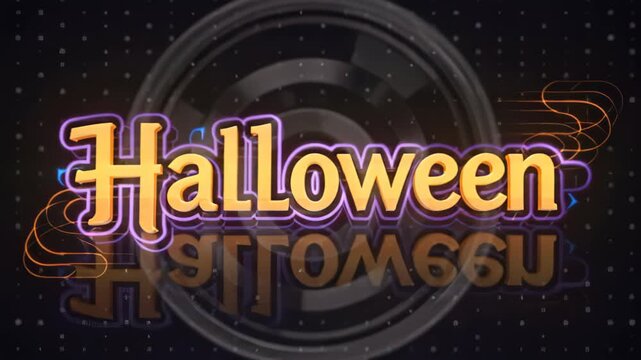 Colorful Halloween-themed graphic featuring the word 'Halloween' with artistic effects and reflections against a dark background