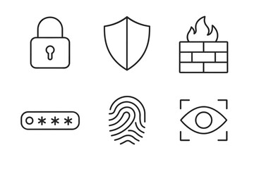 Minimalist cybersecurity icons featuring lock, shield, firewall, password, fingerprint, and eye scan