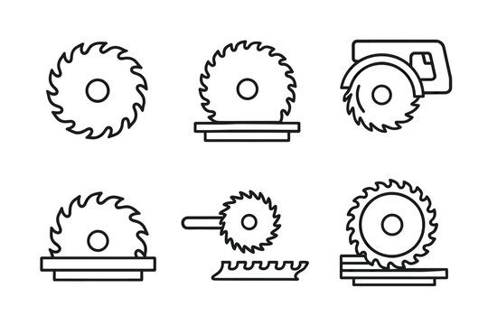 Set of six circular saw line icons in various styles