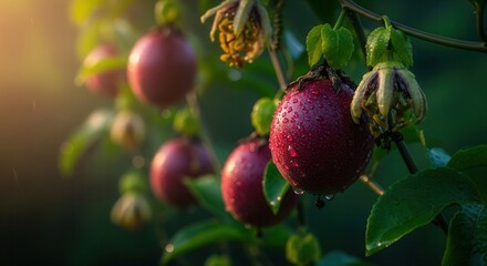 Obraz premium Close up of passion fruit growing on a vine glistening with raindrops in soft light