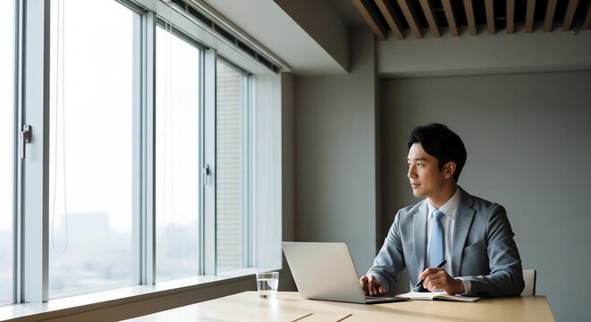 Reflective Asian Businessman with Laptop Gazing out Sunlit Meeting Room Window