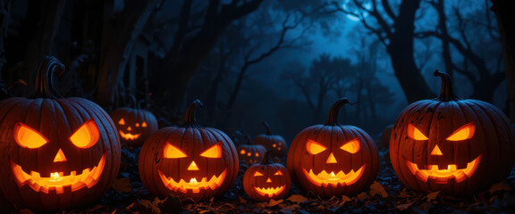 Spooky halloween pumpkin carving celebration enchanted forest digital art nighttime atmospheric festive spirit