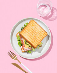 Club sandwich of toast bread with bacon, cheese, tomatoes, lettuce, arugula and sauce in a plate