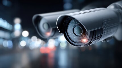 Security Surveillance Cameras Monitoring at Night with Bokeh Background