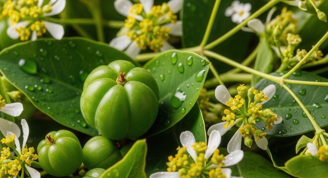 Close-up of vibrant green garcinia cambogia fruits with water droplets and white flowers beautiful