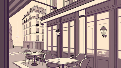 Outdoor Cafe Scene Parisian Style City Street View Tables and Chairs Building Facade Vintage Illustration Restaurant Terrace European Architecture Urban Landscape Coffee Shop Setting Bi.