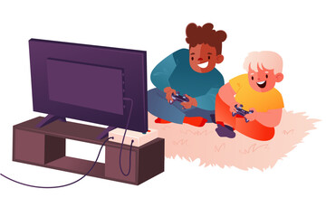 Two very happy joyful children play computer games on a console with joysticks. Game consoles, controllers in hands captivate children, they cannot tear themselves away from the large monitor. 