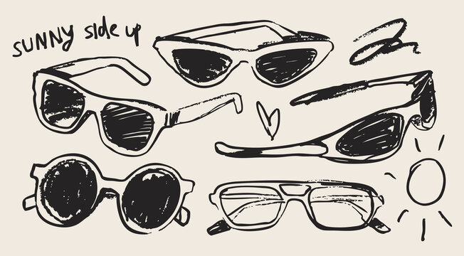 Various Sunglasses. Sketchy, grunge style. Different shapes. Plastic, metal frame. Hand drawn modern Vector illustration. Isolated design elements. Summer fashion accessories, sun protection concept