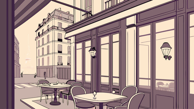 Outdoor Cafe Scene Parisian Style City Street View Tables and Chairs Building Facade Vintage Illustration Restaurant Terrace European Architecture Urban Landscape Coffee Shop Setting Bi.