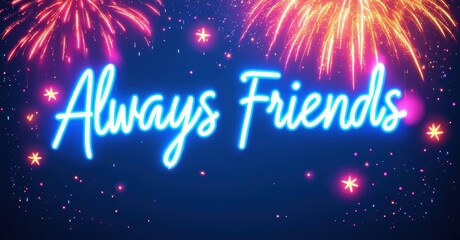 Bright neon text reads Always Friends over dark blue background with pink fireworks, sparkles. Festive, celebratory design.