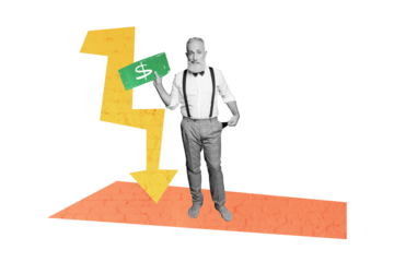 Composite trend artwork sketch image collage of monochrome miniature aged man stand hold banknote dollar crisis loss money pensioner