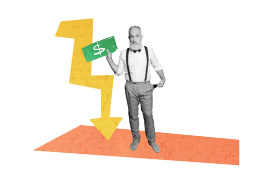 Composite trend artwork sketch image collage of monochrome miniature aged man stand hold banknote dollar crisis loss money pensioner