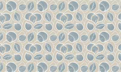 Hand-Drawn Botanical Ogee Seamless Pattern, Rustic Folk Art Leaf and Bud Background