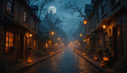 Halloween night stroll spooky village digital art eerie atmosphere low angle view haunting vibes