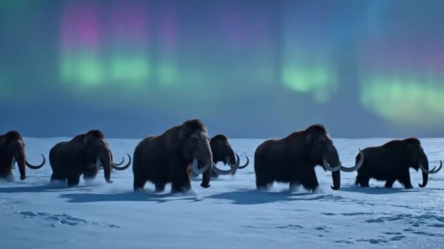 woolly mammoths trek across snowy arctic under northern lights