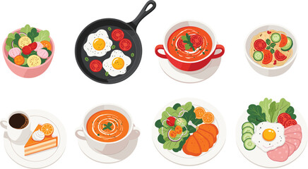 Vector Set of Healthy Breakfast, Lunch, and Dinner Meals with Salad, Soup, Eggs, Cake, and Fresh Vegetables Illustration