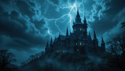Lightning strikes over a dark castle enigmatic landscape digital artwork mysterious environment night view fantasy theme