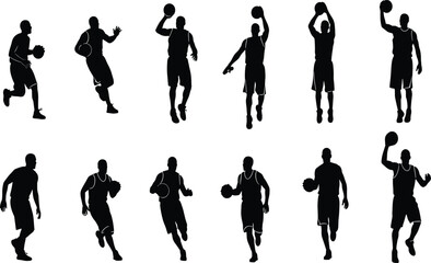 Basketball player silhouette, dribbling, shooting, passing, running, dynamic action poses, black figure, sports movement, athletic skill, isolated vector illustration