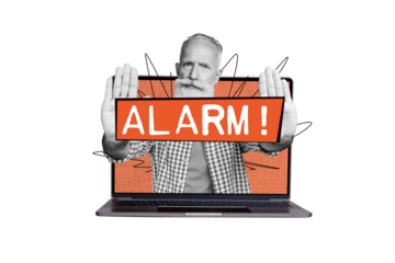 Composite photo collage of serious strict old man show alarm sign cybersecurity antivirus app trojan alert isolated on painted background