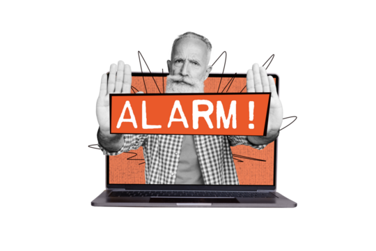 Composite photo collage of serious strict old man show alarm sign cybersecurity antivirus app trojan alert isolated on painted background