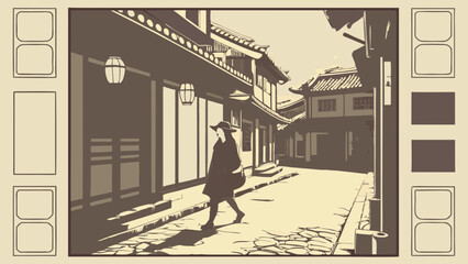 Stylish Woman Walking Down an Asian-Inspired Alleyway Sepia Tone Illustration.