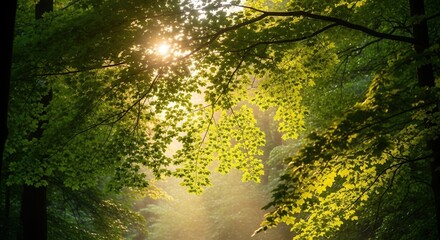 Obraz premium Sunlight filtering through the lush green canopy creating a serene and ethereal forest atmosphere