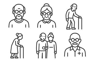 Line art illustrations of elderly individuals with minimalist style