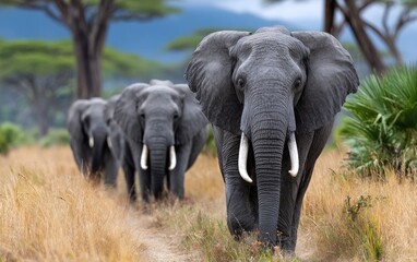 Obraz premium a herd of elephants is walking across the savannah, with one elephant leading and others following behind it