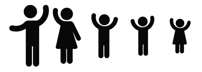 Set of icons of people - human age. Family.
Flat design family symbol icon featuring stylised parents and children figures in a clean minimal, for, logo, social, vector illustration.