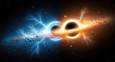 Two black holes one blue and one orange surrounded by lightnings and space rocks