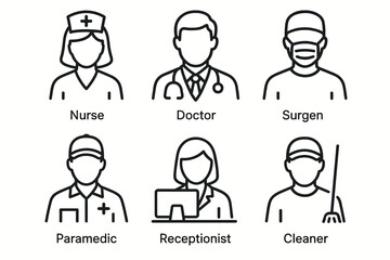 Medical and support staff icons: nurse, doctor, surgeon, paramedic, receptionist, cleaner