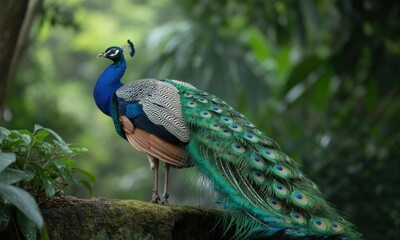 Majestic peacock displays vibrant plumage in lush jungle setting