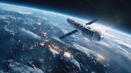 Obraz premium Futuristic Space Station Orbiting Earth with City Lights at Night