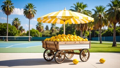 A street cart with a yellow and white striped umbrella and a pile of lemons, set on a tennis court with palm trees and a bright blue sky on a sunny day. Concept of fresh produce and summer refreshment