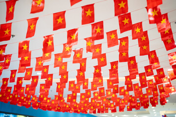 Vibrant display of red flags with golden stars celebrating Vietnamese culture.