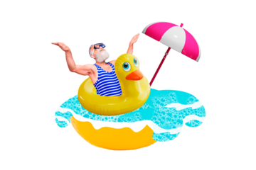 Composite photo collage of old man tourist lie duck lifebuoy enjoy summer vacation umbrella pool travel isolated on painted background